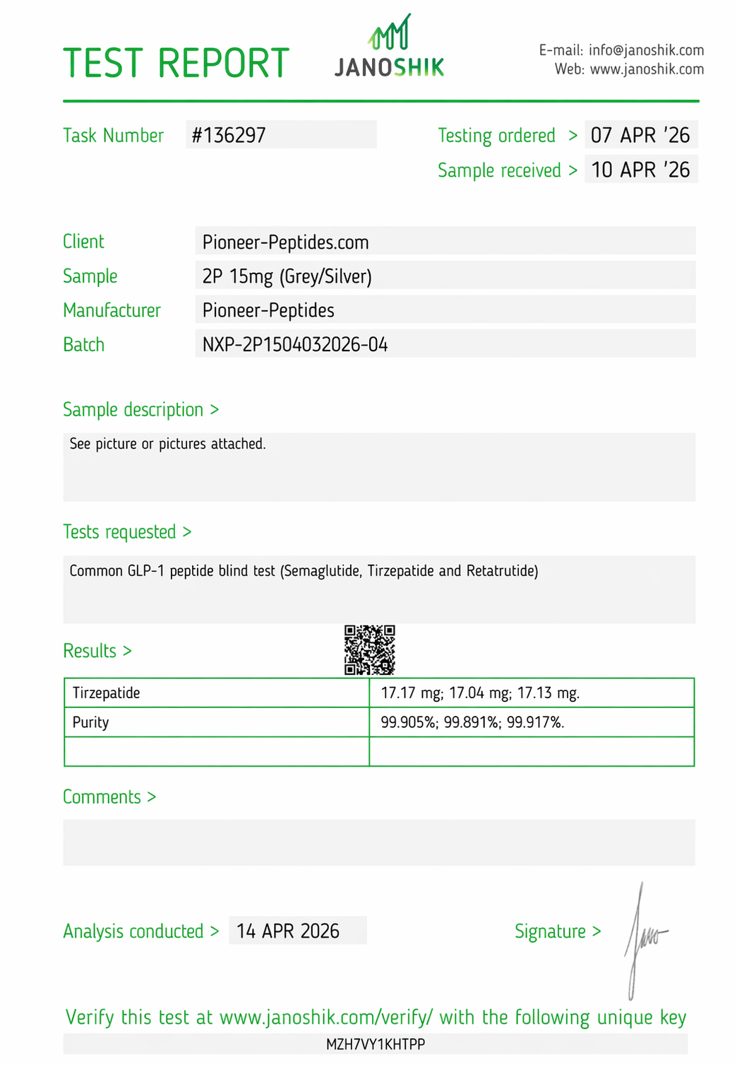 Pioneer-2-T 15mg third-party test report